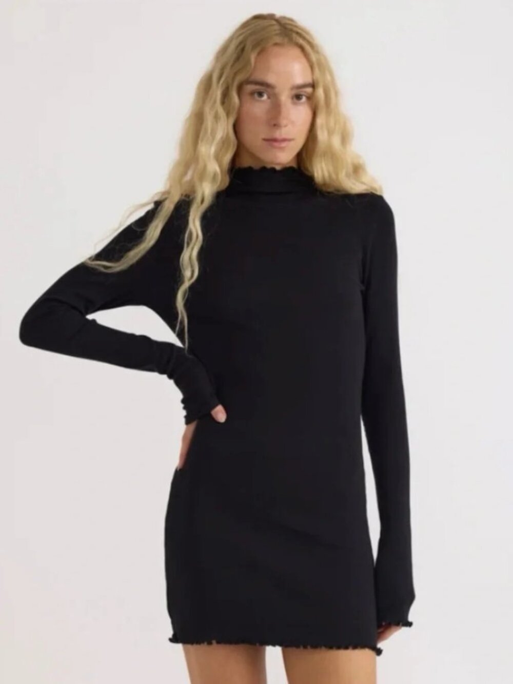Organic Basics Black Long-Sleeve Mock Neck Mini Dress Small